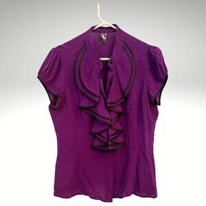 MIA VIA | Purple Silk Ruffle Satin Button-Down Puff Sleeve Blouse | Size L